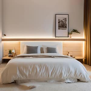 Capçal de llit de fusta natural amb il·luminació LED integrada